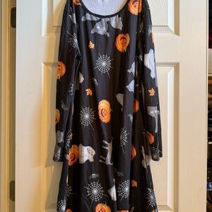 Women’s Halloween Dress with Pumpkins, Ghosts, and Spider Webs